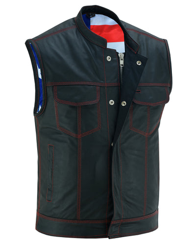 Daniel Smart MEN'S LEATHER VEST WITH RED STITCHING AND USA INSIDE FLAG LININ