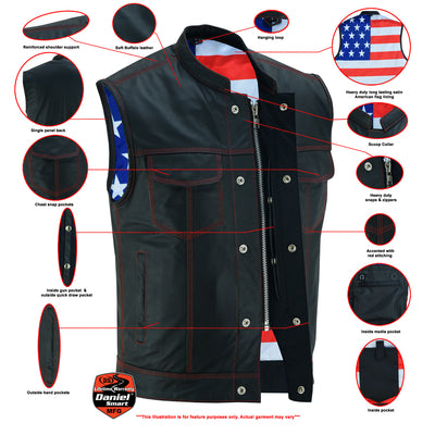 Daniel Smart MEN'S LEATHER VEST WITH RED STITCHING AND USA INSIDE FLAG LININ