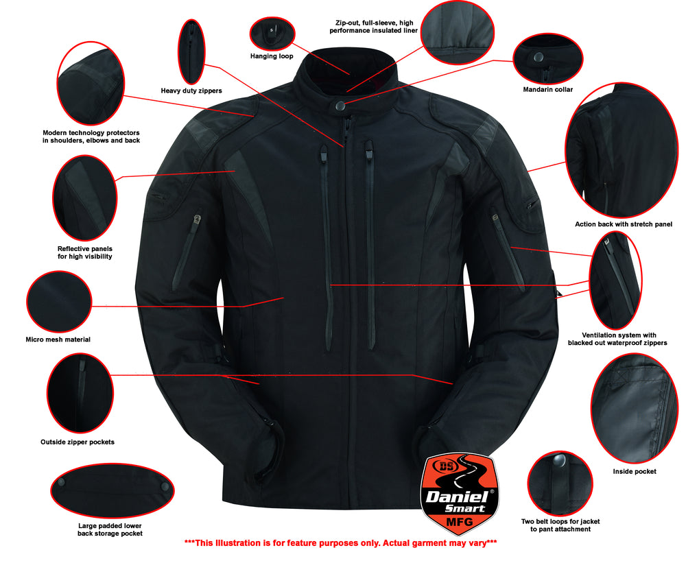 Illustration of a Daniel Smart Blast - Black motorcycle jacket with labeled features including modern technology protectors, zipper pockets, and ventilation systems.