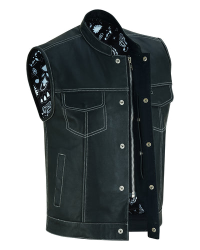 Daniel Smart Men's Paisley Black Leather Motorcycle Vest with White Stitching, displayed against a white background.
