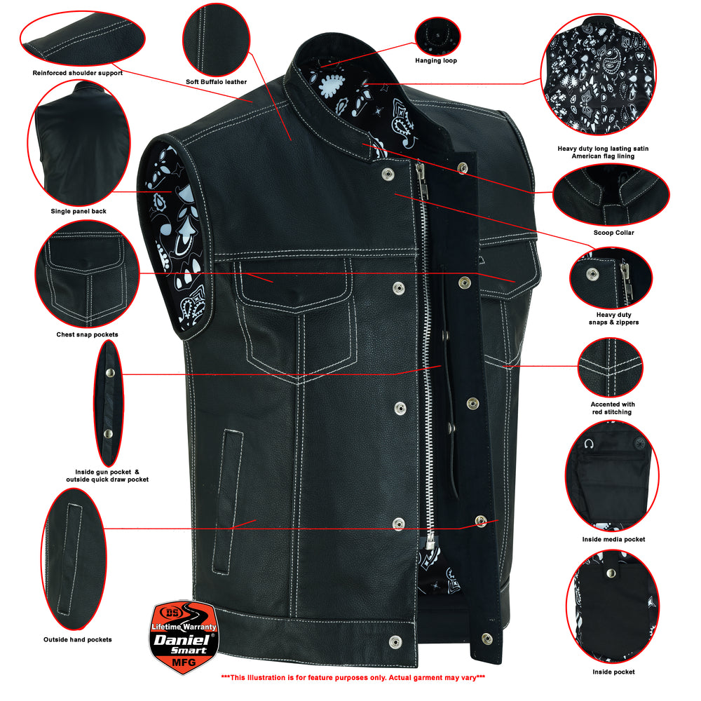 Detailed illustration of a Daniel Smart Men's Paisley Black Leather Motorcycle Vest with White Stitchin with labeled features such as reinforced shoulder support, heavy duty zippers, hanging loop, and interior linings.