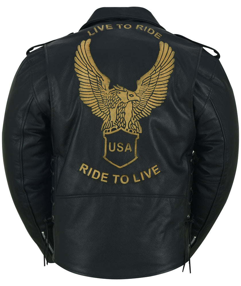 Back view of the Daniel Smart Men's Eagle Embossed Live To Ride - Ride To Live Classic Black leather riding vest, showcasing a golden eagle graphic with outstretched wings, the inscription "USA," and the phrases "LIVE TO RIDE" above and "RIDE TO LIVE" below the eagle. This stylish piece also includes concealed gun pockets and adjustable side laces for a perfect fit.