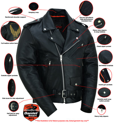 The Daniel Smart Men's Eagle Embossed Live To Ride - Ride To Live Classic Black leather jacket boasts labeled features such as reinforced shoulder support, a hanging loop, a full-sleeve insulated liner, a chest zipper pocket, a concealed gun pocket, adjustable side laces, and soft milled cowhide material.