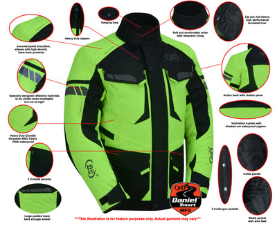 Image of a Daniel Smart Advance Touring Textile Motorcycle Jacket for Men - Hi-Vis in neon green and black, with various annotated features including heavy-duty zippers, reflective materials, multiple pockets, and ventilation systems.