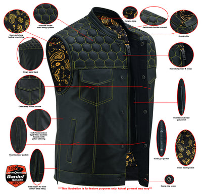 A black Daniel Smart Gold Rush is detailed with several labeled features, including heavy-duty zippers and snaps, multiple pockets, a soft liner, and reinforced stitching. Made from Premium Drum Dyed Milled Cowhide with concealed gun pockets and reinforced shoulder support for durability and safety.