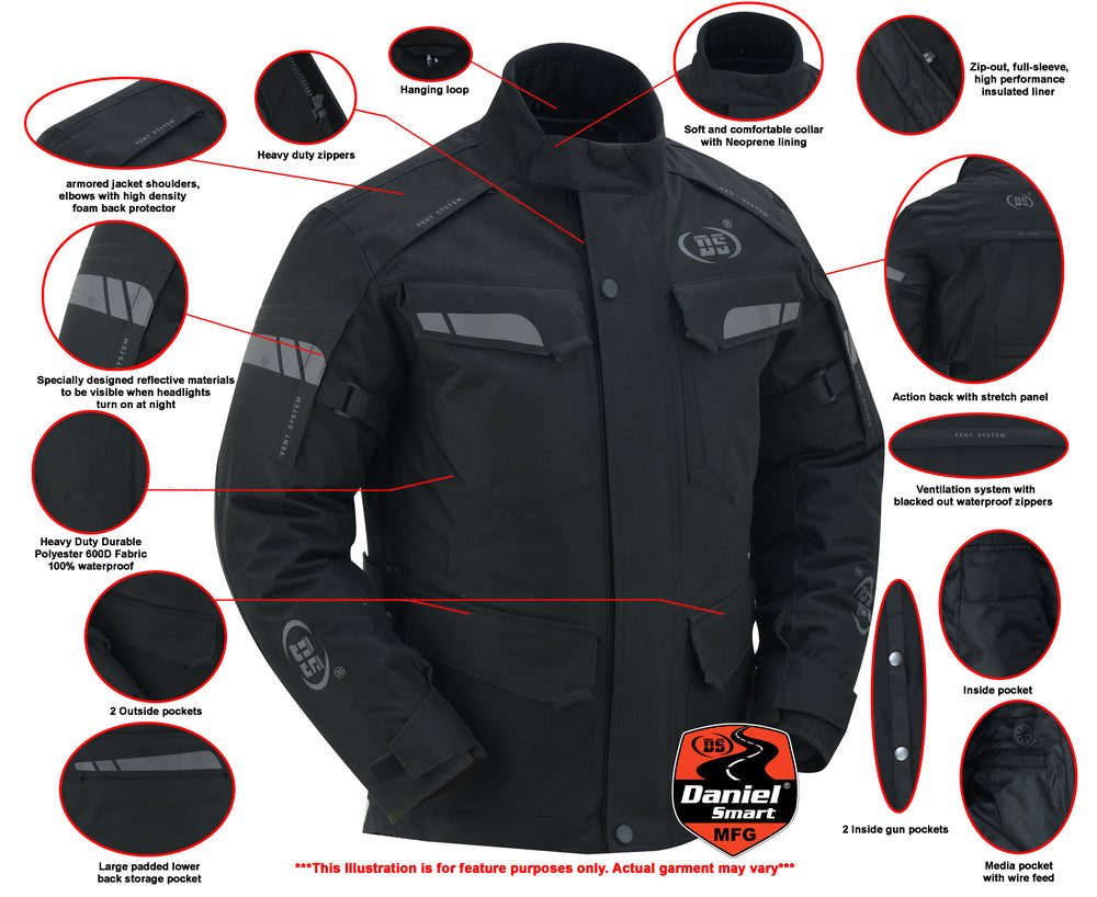 Illustration of a Daniel Smart Advance Touring Textile Motorcycle Jacket for Men in black with annotations explaining features such as waterproof zippers, reflective materials, removable shoulder armor, and various pockets.