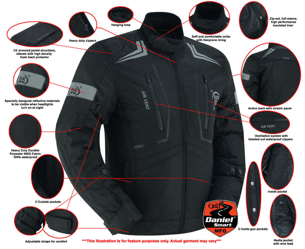 Daniel Smart Flight Wings - Black Textile Motorcycle Jacket for Men with various features labeled, including air vents, padding, and pockets, highlighted in red on a gray jacket. Illustration disclaimer at bottom.