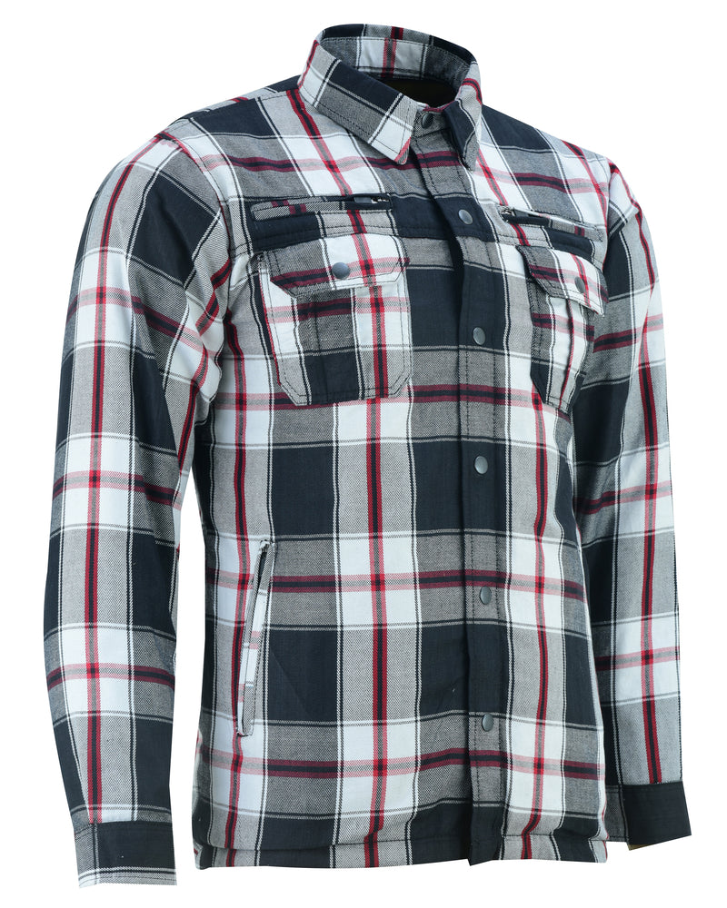 A men's Daniel Smart Armored Flannel Shirt - Black, White & Red with concealed gun pocket.