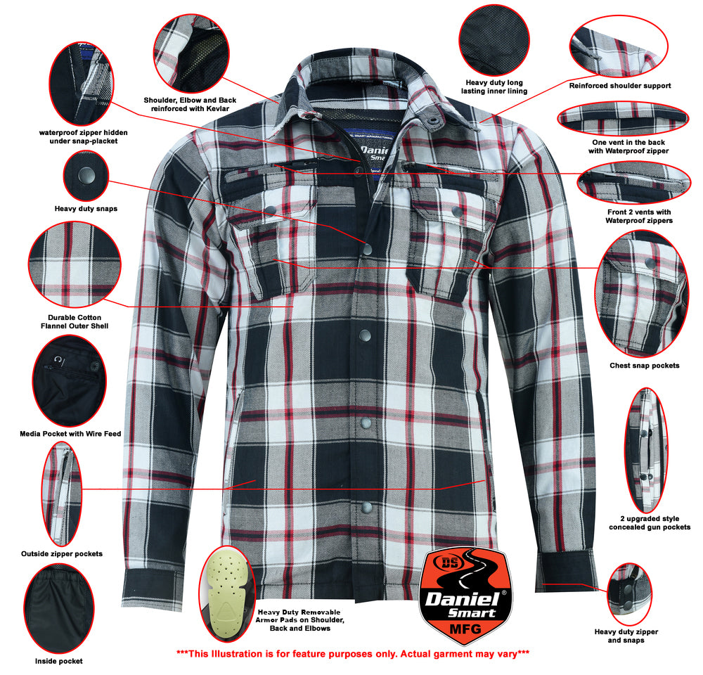 Daniel Smart Armored Flannel Shirt - Black, White & Red featuring a concealed gun pocket and armor pads for added protection.