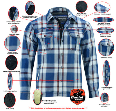 The Daniel Smart Armored Flannel Shirt - Blue, White & Maroon features a waterproof zipper.