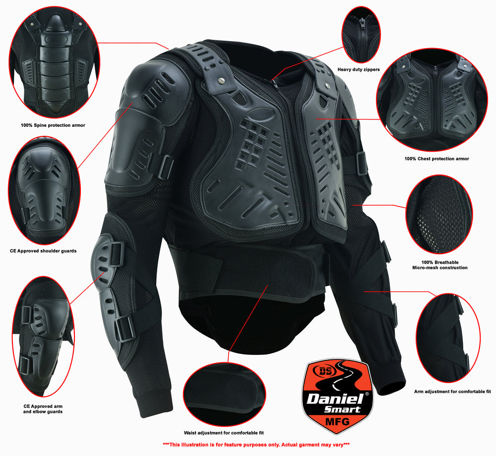 Daniel Smart Full Protection Body Armor - Black with various features highlighted, including mesh breathability and arm adjustment for comfort.