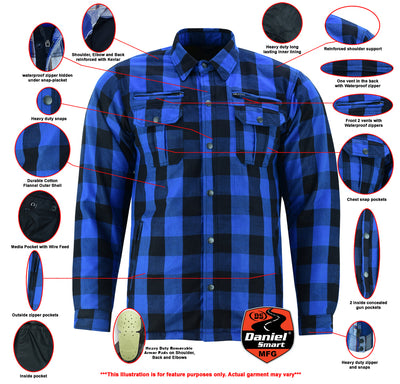 A Daniel Smart Armored Flannel Shirt - Blue made of durable cotton flannel, with kevlar reinforced features.