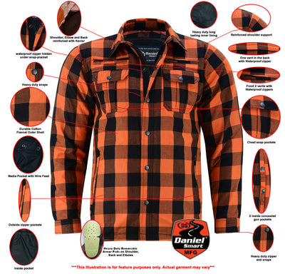 A men's Daniel Smart Armored Flannel Shirt - Orange with reinforced stitching.
