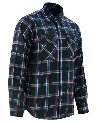 A men's Daniel Smart flannel shirt with a long sleeve and button-up closure in Black, Red and Blue.
