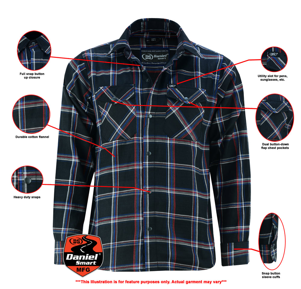 Details of a Daniel Smart Flannel Shirt - Black, Red and Blue with a button-up closure.