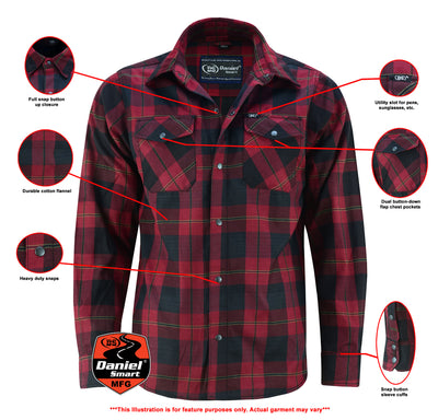 Men's Daniel Smart flannel shirt highlighting various features such as full snap buttons, utility slot, durable material, button-down flap chest pockets, and snap button sleeve cuffs.