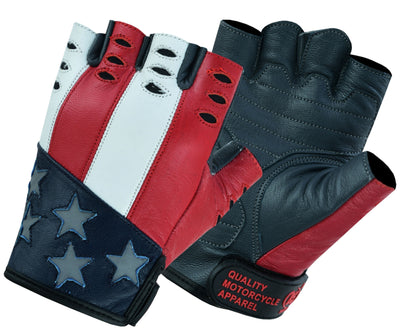 A pair of Daniel Smart Freedom fingerless gloves with American flag design, made of goat skin leather.