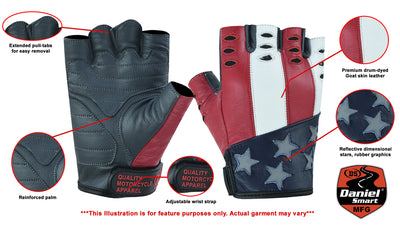 A pair of Daniel Smart Freedom gloves with an American flag design made from goat skin leather.