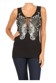 A person wearing a Daniel Smart BLACK Edgy Pistol Tank Top with a wing-like design, deep V-neck, and crisscross lace-up detail on the front, paired with dark blue jeans.