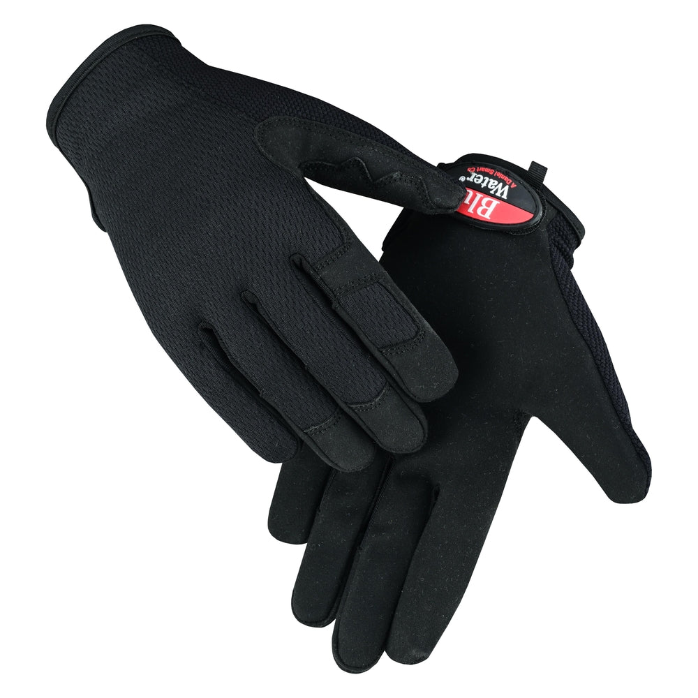 A pair of durable Daniel Smart Tool Time gloves in black synthetic leather featuring a breathable mesh design and a noticeable red label on the wrist, positioned facing each other.