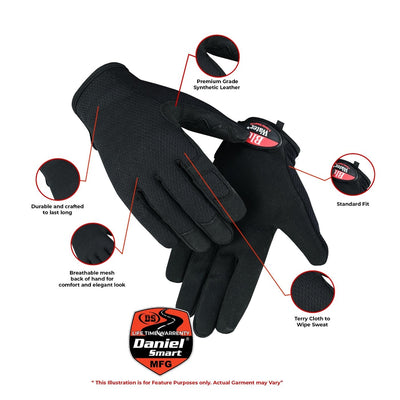 The Daniel Smart Tool Time gloves in black synthetic leather boast durable craftsmanship, breathable mesh for enhanced comfort, a standard fit, and a convenient terry cloth thumb.