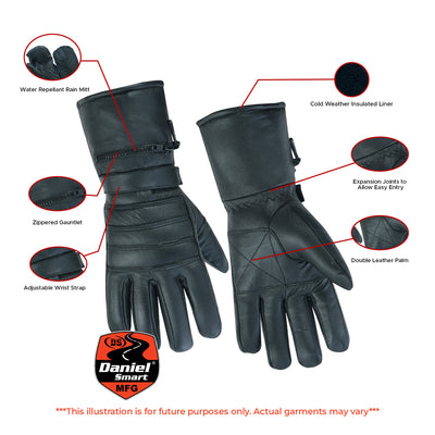 Pair of Daniel Smart Cold Weather Gauntlets featuring water-repellent mitt, insulated liner, zipper gauntlet, expansion joints, an adjustable wrist strap, and a double leather palm. Note: Illustration for fit and