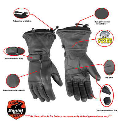 Illustration of a women's waterproof gauntlet glove featuring components like adjustable wrist straps, gel palm, touchscreen fingertips, and high-performance insulated liner for clarification.