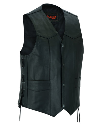 A Daniel Smart Traditional Single Back Panel Concealed Carry Vest with side laces, front snap buttons, and two front pockets. Designed as a concealed carry biker vest, it features an inner lining and a visible brand label. Perfect motorcycle gear for style and function.