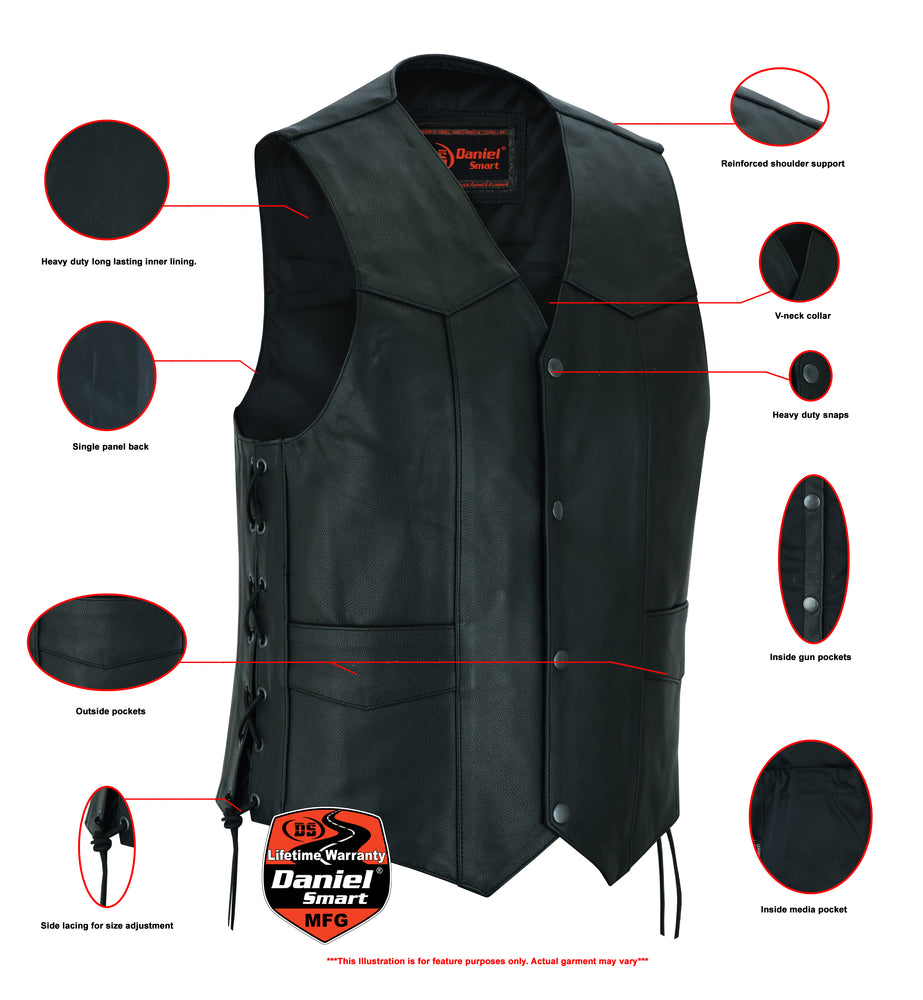 Daniel Smart Traditional Single Back Panel Concealed Carry Vest: Men's black leather vest with V-neck collar, heavy-duty snaps, reinforced shoulder support, single panel back, outside pockets, inside gun pockets for concealed carry biker vest features, inner liner, and side lacing for size adjustment. Perfect motorcycle gear.