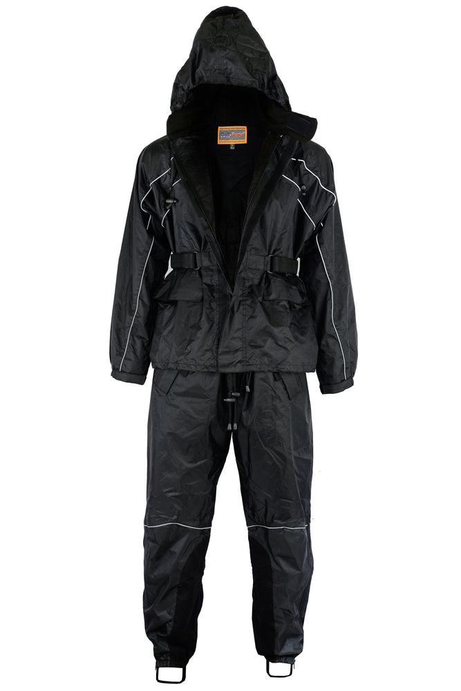 A black, waterproof full-body Daniel Smart Rain Suit with a hood, reflective piping, adjustable web belt, and foot straps, displayed on a white background.