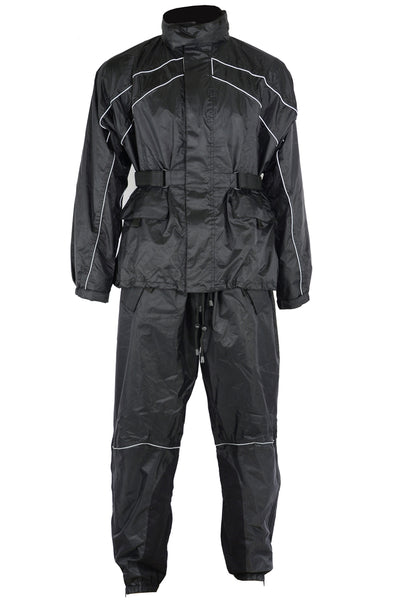 A black Daniel Smart Rain Suit with reflective piping details, featuring a high collar, an adjustable web belt at the waist, and drawstrings at the ankles and wrists. This waterproof suit is designed for ultimate protection against the elements.