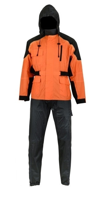 A Daniel Smart Rain Suit (Orange) with an orange jacket and black pants, featuring multiple outer pockets and an attached hood.