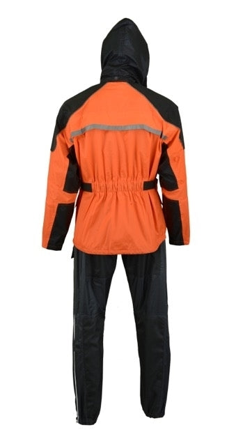 The Daniel Smart Rain Suit (Orange) features an orange and black jacket with an attached hood, reflective strip across the back, and matching black pants. The suit includes adjustable straps at the waist and wrists.