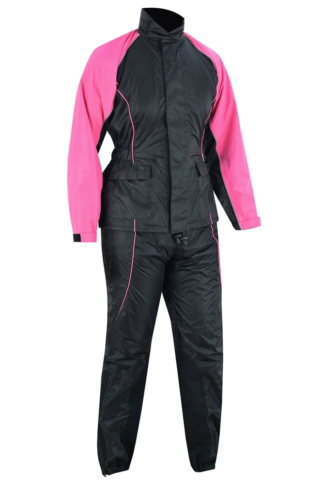 The Daniel Smart Women's Rain Suit (Hot Pink) is a stylish black and pink two-piece rain suit featuring long sleeves, reflective piping, and a high collar jacket, complemented by matching waterproof pants with an adjustable web belt for superior outdoor protection.