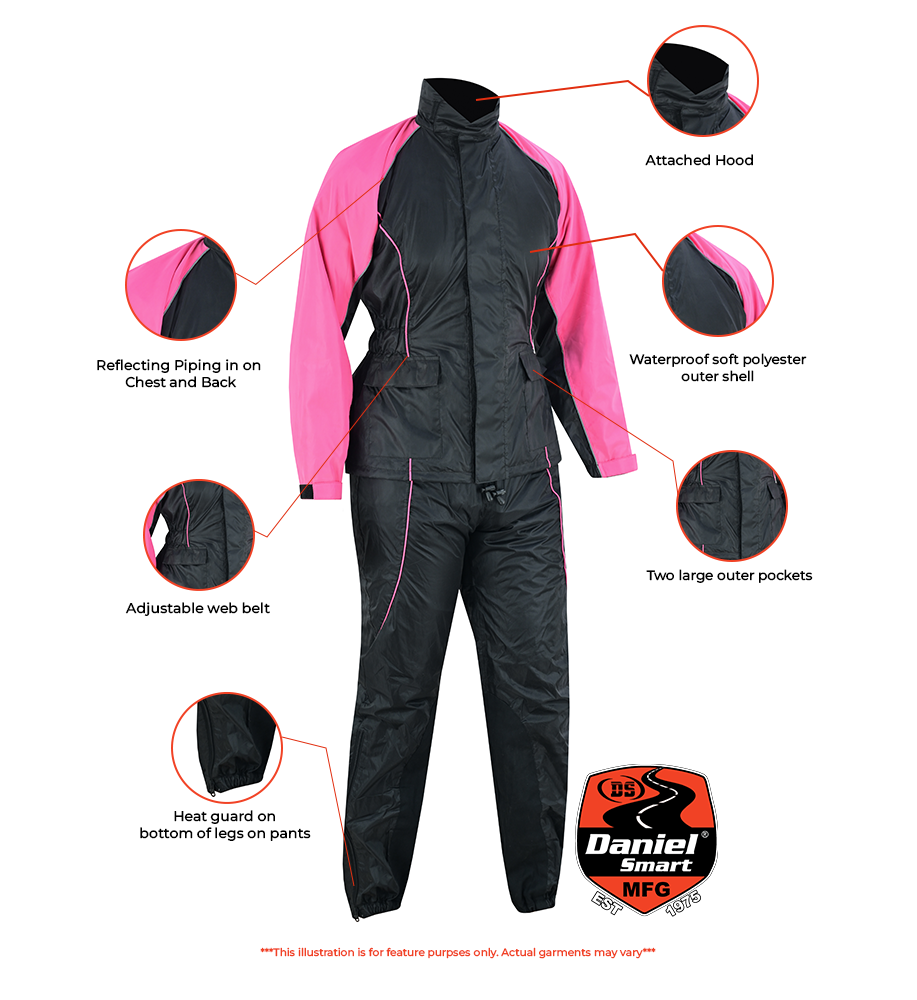 The Daniel Smart Women's Rain Suit (Hot Pink) is a black and pink waterproof polyester rainsuit featuring an attached hood, reflective piping, an adjustable web belt, heat guards on the lower legs, and two large outer pockets.