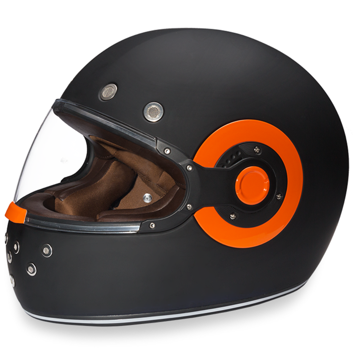 Daytona Retro DOT full face motorcycle helmet in matte dull black with orange accents and clear shield