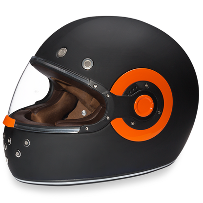 Daytona Retro DOT full face motorcycle helmet in matte dull black with orange accents and clear shield