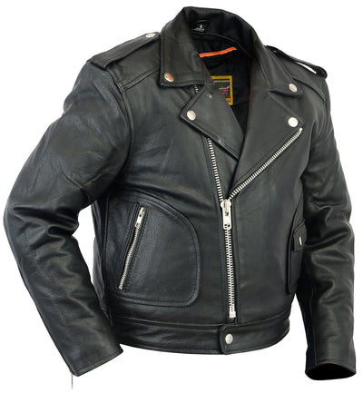 The Daniel Smart Unisex Kid's M/C Style Jacket is a black leather motorcycle jacket made from soft drum-dyed goat skin, featuring silver heavy-duty zippers and buttons. It offers two front pockets, an asymmetrical zip closure, a belt at the waist, and a full leather action back.