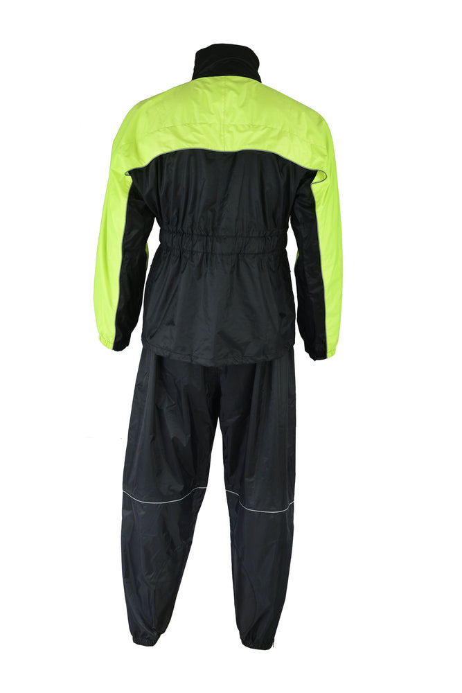 Back view of a two-piece black and neon green waterproof soft polyester Daniel Smart Rain Suit (Hi-Viz Yellow) with reflective piping.