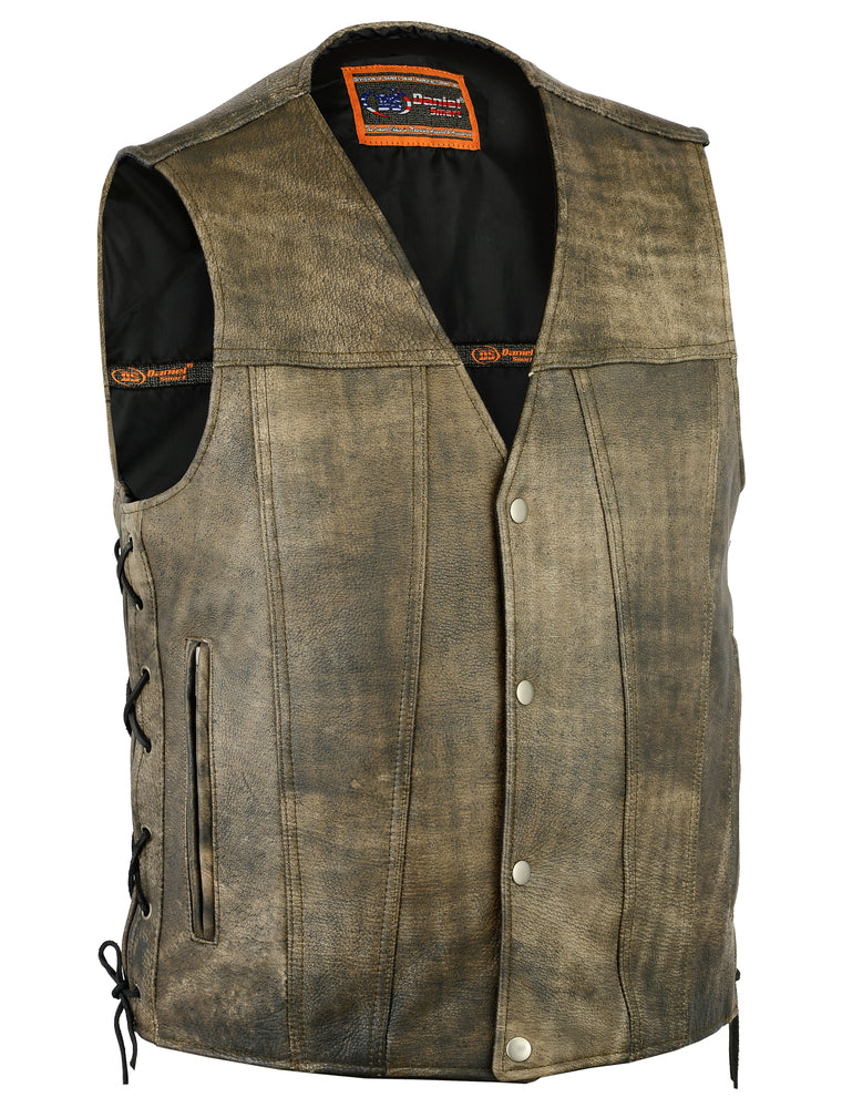 The Daniel Smart Men's Antique Brown Single Back Panel Concealed Carry Vest, featuring side lacing and a snap button closure, is displayed against a plain background.