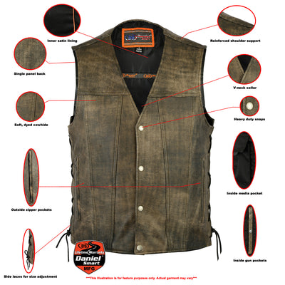 Introducing the Daniel Smart Men's Antique Brown Single Back Panel Concealed Carry Vest, a stylish and functional piece featuring a V-neck, button closure, and zipper. It boasts inside pockets for convenience, side laces for a custom fit, reinforced shoulders for durability, and satin lining. Perfectly designed as an ideal concealed carry vest with its practical design.