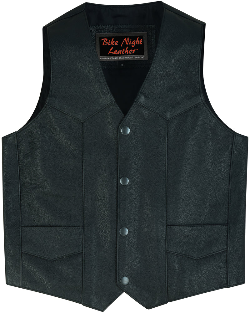 A "Daniel Smart Kids Traditional Style Plain Side Vest" in black leather features a V-neck collar, heavy duty snaps, two front pockets, and a label reading "Bike Night Leather.