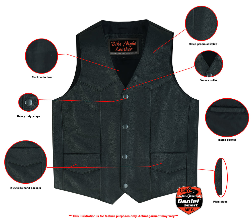 Diagram of the Daniel Smart Kids Traditional Style Plain Side Vest in black leather, highlighting its features: Bike satin liner, heavy-duty snaps, 2 outside hand pockets, milled promo cowhide, V-neck collar, inside pocket, and plain sides.