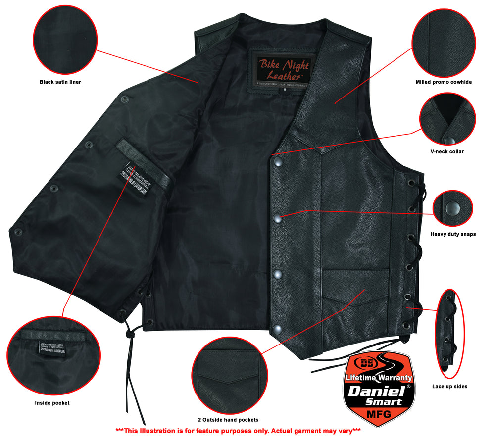 Exploded view diagram of a Daniel Smart Kids Traditional Style Side Lace Vest highlighting its various features and components, including lace-up sides and a black satin liner.