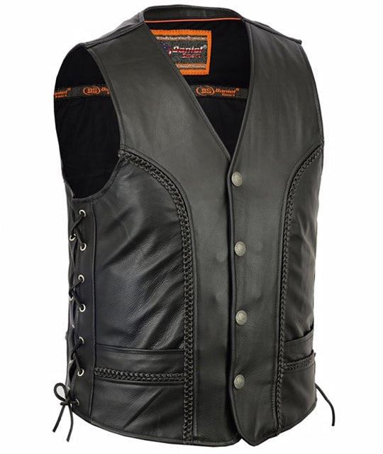 A Daniel Smart Men's Braided Vest with snap buttons and side lace-up details. This men's braided leather biker vest features two front pockets, concealed carry pockets, and an orange label on the inside back.