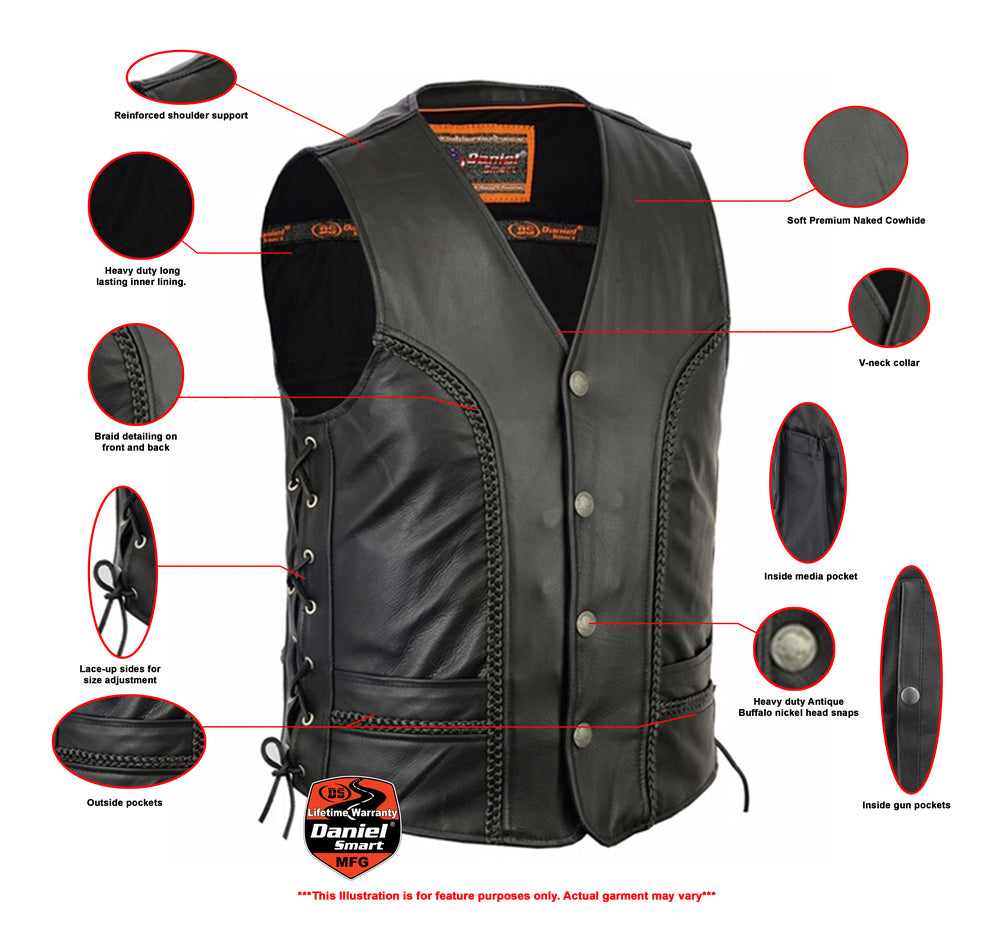 Daniel Smart Men's Braided Vest: Men's braided black leather biker vest with reinforced shoulder support, V-neck collar, heavy-duty zippers, braid detailing, lacing side adjustments, and multiple pockets, including concealed carry pockets.