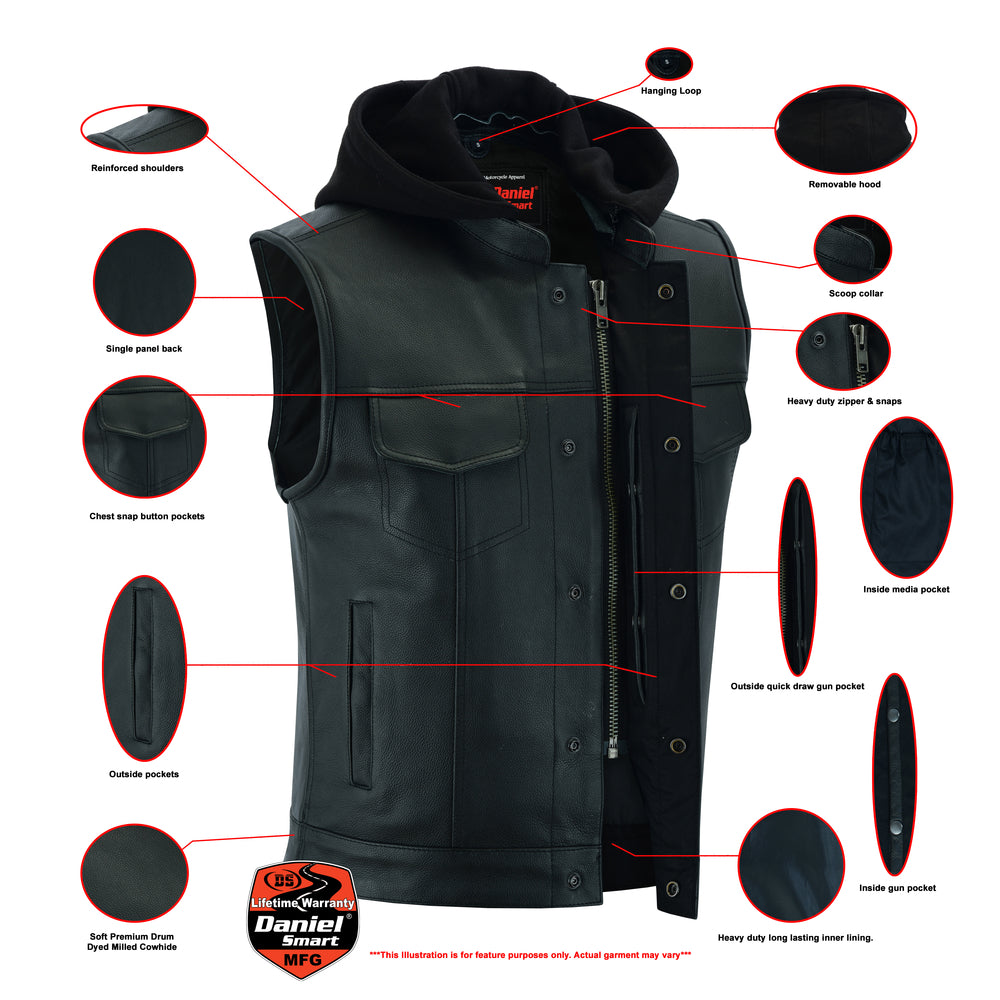 Black Daniel Smart concealed snaps tactical vest with multiple features labeled, including reinforced shoulders, premium naked cowhide, a removable hood & hidden, heavy-duty zipper, and various pockets, displayed on a white background.