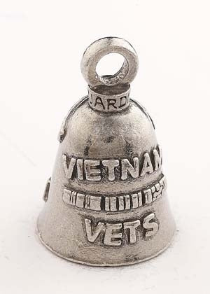 A silver, pewter bell-shaped charm known as the Daniel Smart Vietnam Vets Guardian Bell®, engraved with the words "Vietnam Vets," designed to bring good luck.