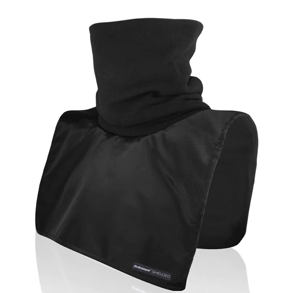 The Daniel Smart Dickie- Shielded Tall Neck- Half Chest Back is a black balaclava featuring an extended fleece neckgaiter and shoulder cover, expertly designed for warmth retention and providing wind and water protection.