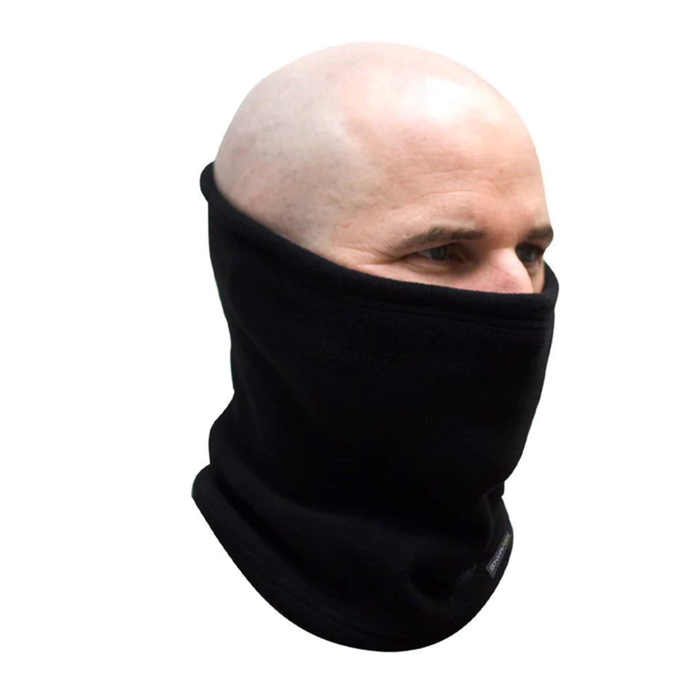 A person wearing the Daniel Smart Single Layer Fleece Neck Gaiter in black covers their lower face against a white background, highlighting its versatility for multi-season use.